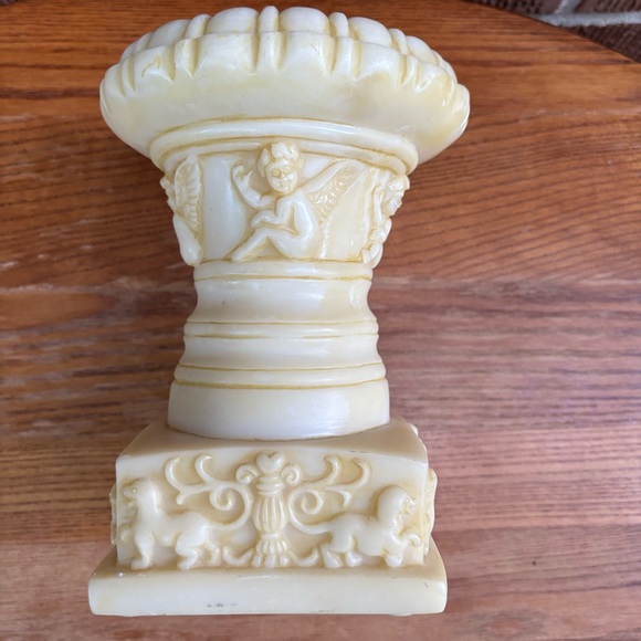 Vintage Marble Look Pedestal Stand Candle Holder Carved Angels and Lions - Picture 8 of 8